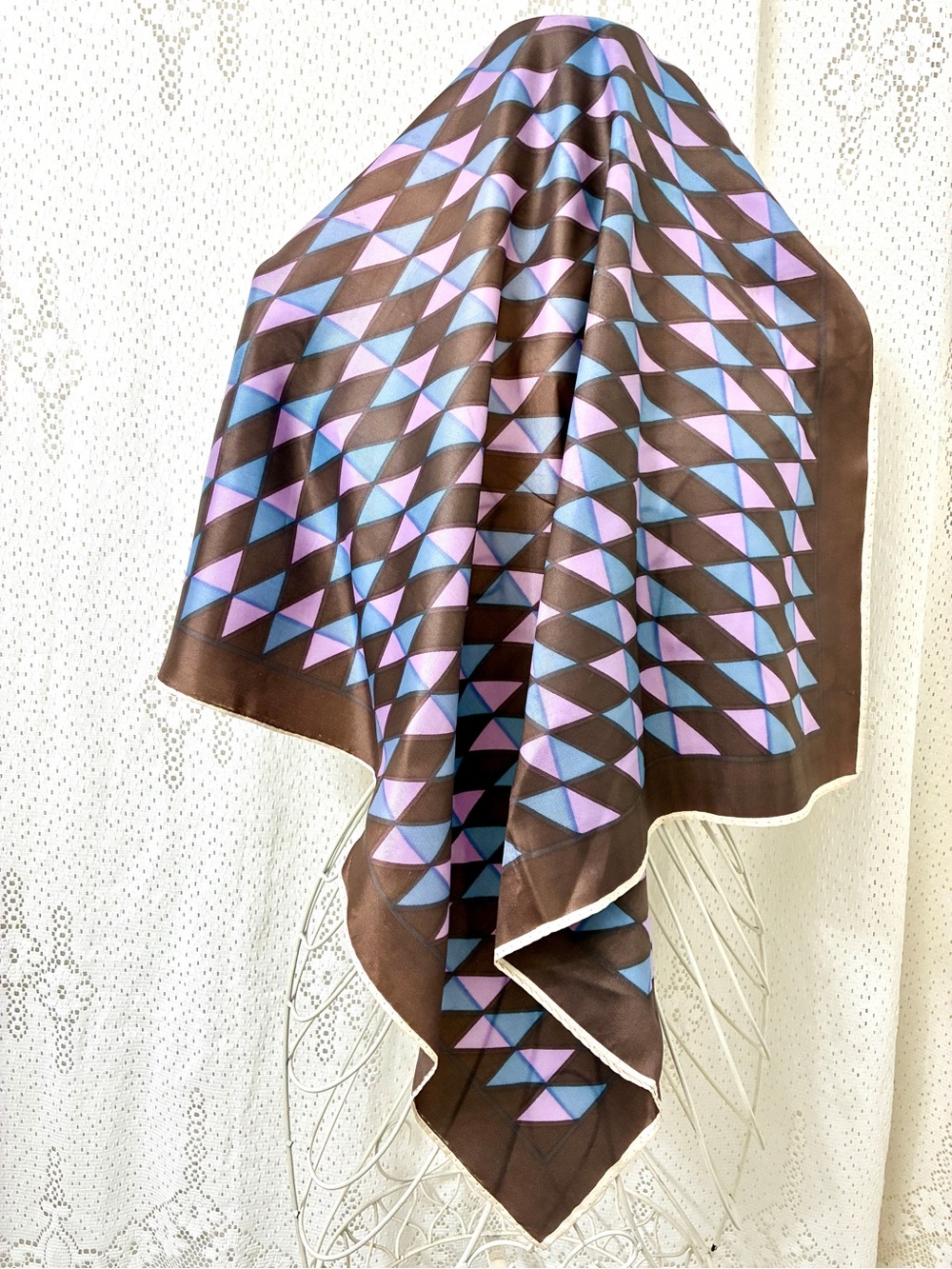 Made in Italy specially for GIMBELS Geometric Brown Silk Scarf with Pink Blue